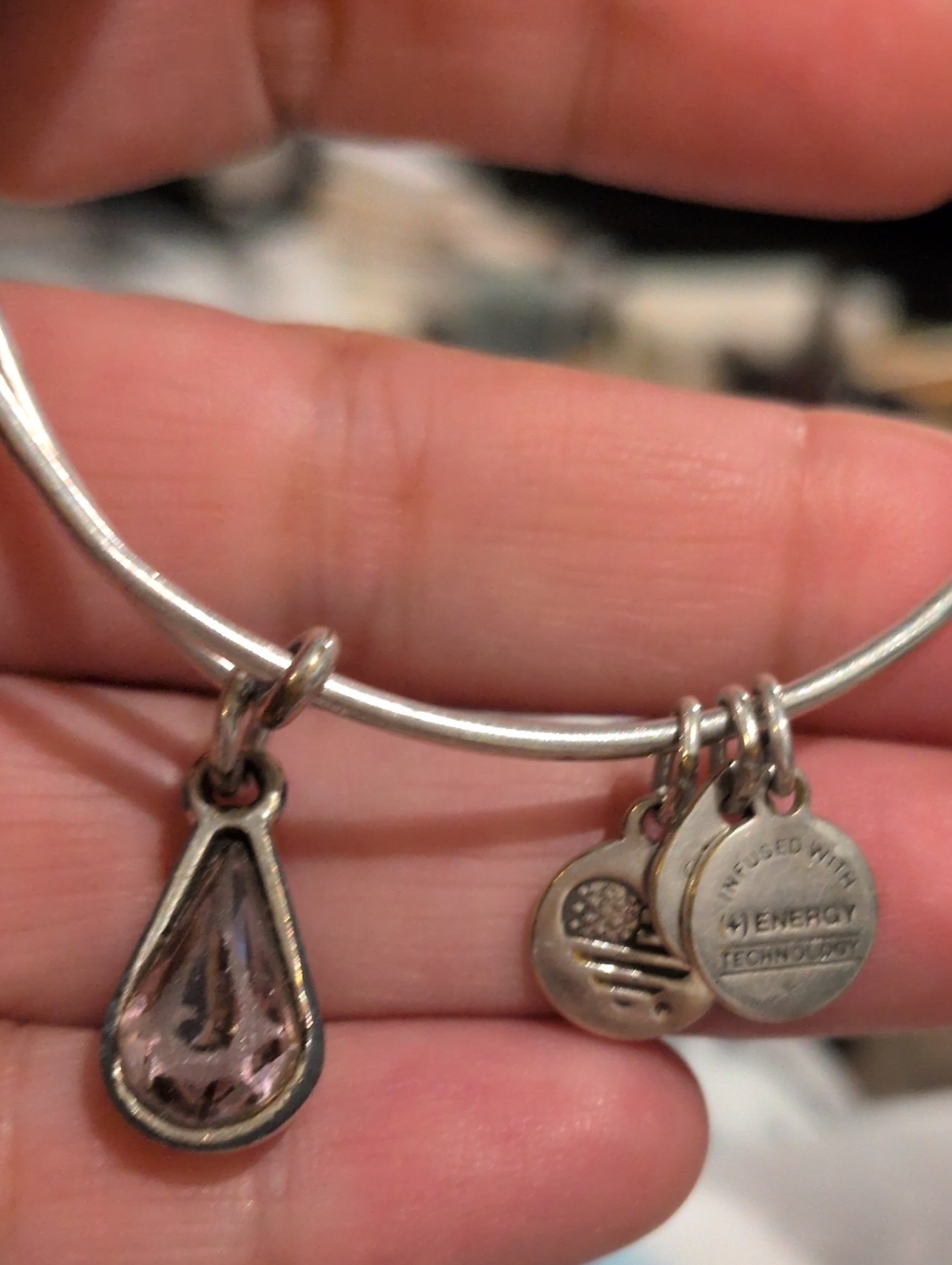 Alex and Ani Silver Bracelet with Pink Teardrop Charm